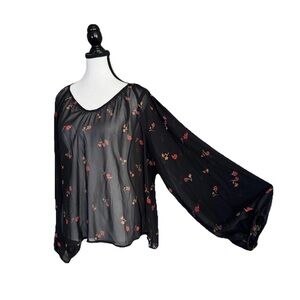a.n.a. Black Floral Sheer Blouse Top Women's XL Long Balloon Sleeves Whimsygoth
